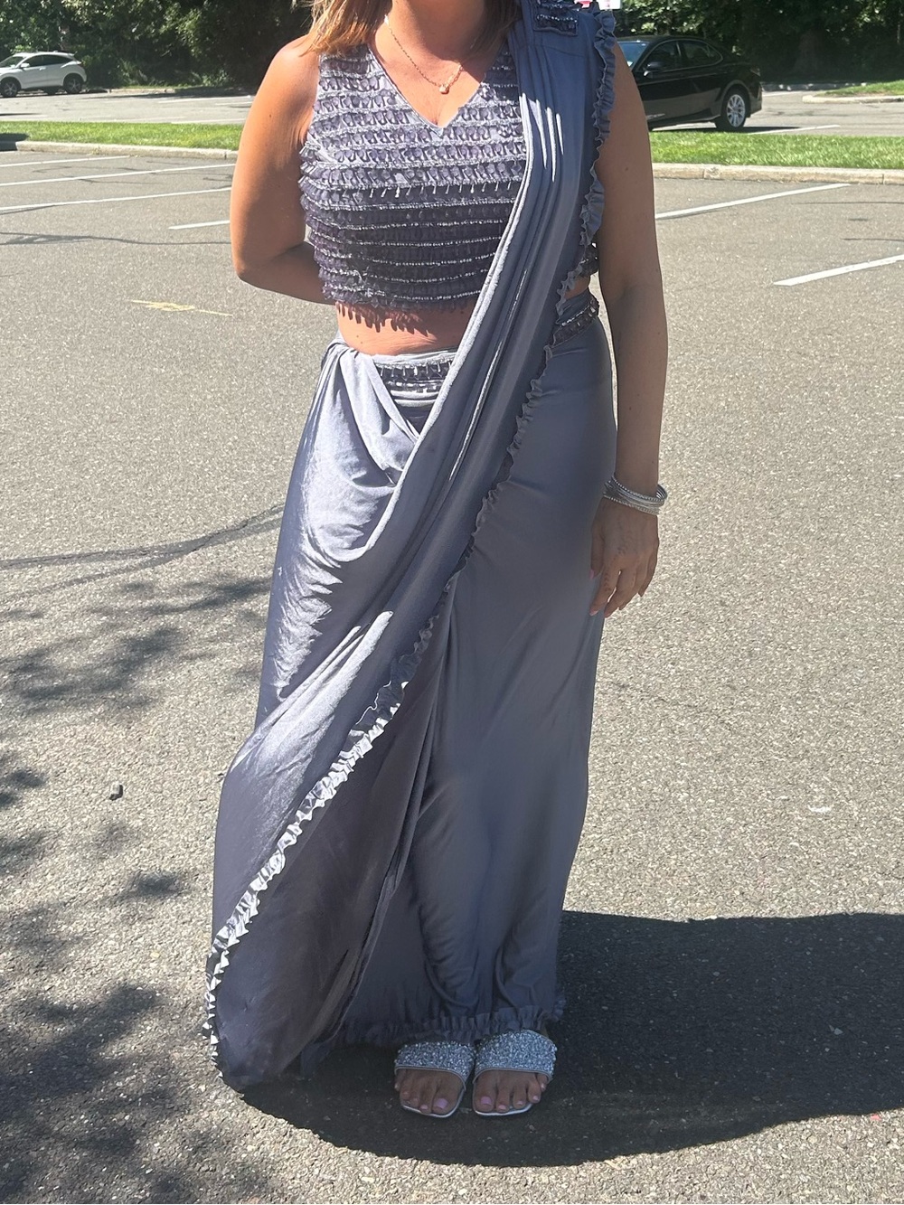 Elegant Slate Gray Saree Dress with Embellished Bodice